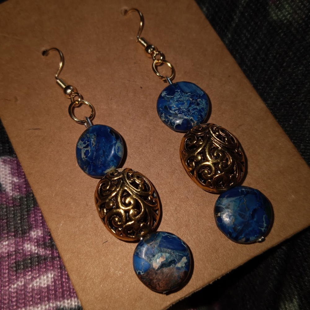 New gold filigree and lapis lazuli gemstone statement earrings drop earrings